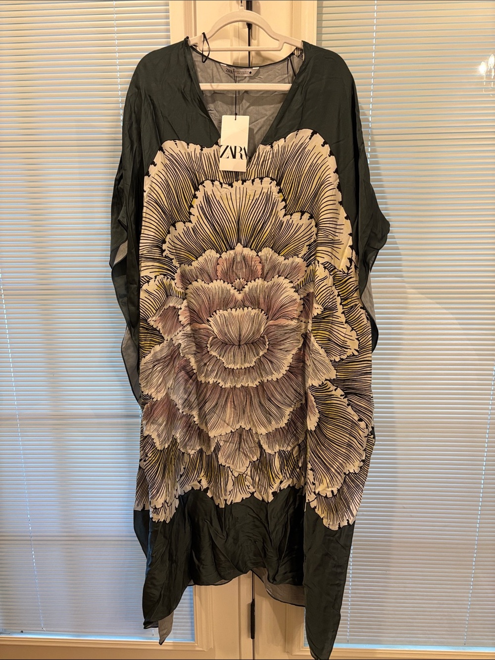Zara Black Caftan with Beige and Mauve Floral Print